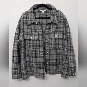 C By One Plaid Button-Up Shacket in Black and Gray